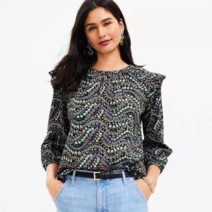 LOFT Green and Blue Flutter Sleeve Sequin Blouse